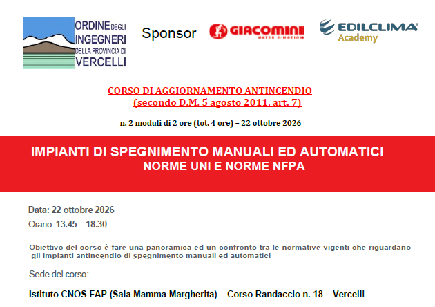 Corso di aggiornamento antincendio 22 ottobre 2026