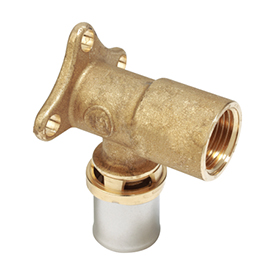 RM139 Raccordo curvo 90° filettato femmina, con supporto da parete, a pressare multipinza