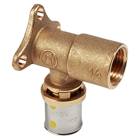 RM139-G Raccordo curvo 90° filettato femmina, con supporto da parete, a pressare multipinza, serie Multigas